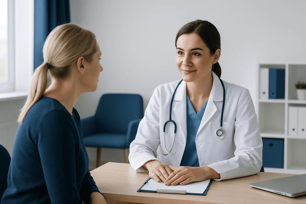 Doctor consulting with a patient in a modern clinic setting.