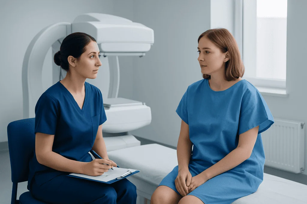 Medical consultation between healthcare professionals and patient in hospital setting.