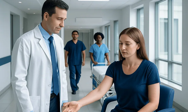 Doctor examining patient's arm in hospital corridor with medical staff in background.