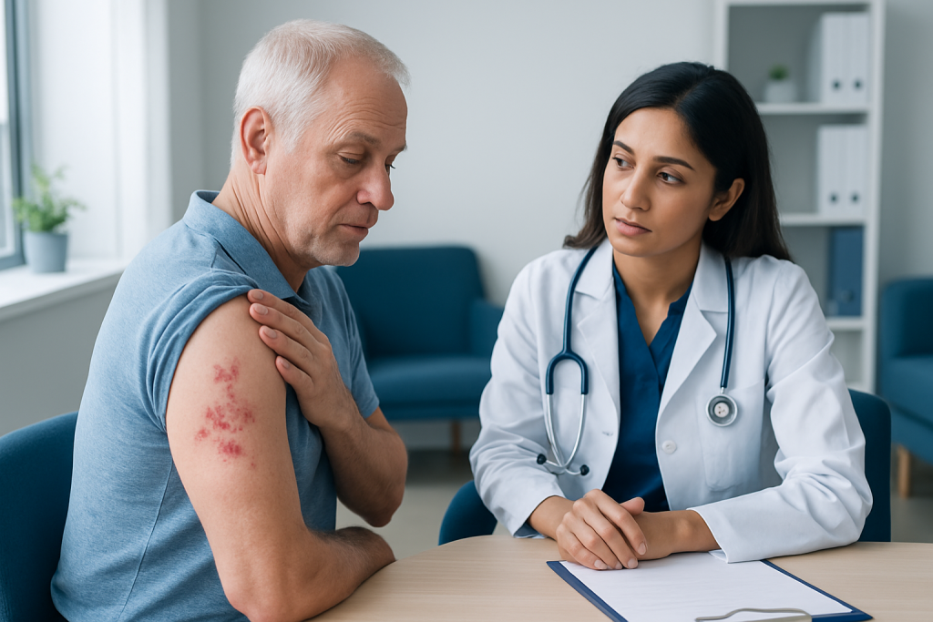 Doctor examines shingles rash on elderly man's arm in clinic setting.