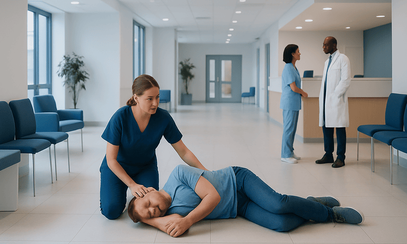 Nurse performs CPR on patient in hospital corridor for emergency training.