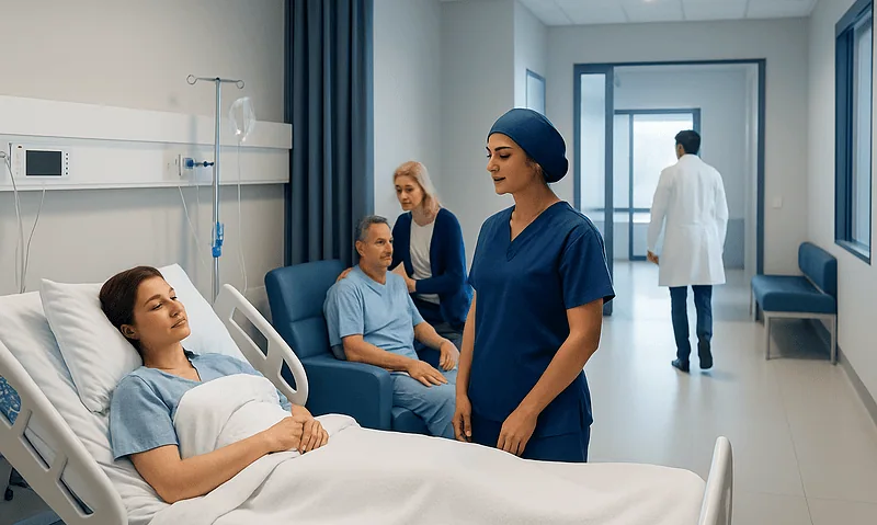 Nurse and patients in a hospital recovery room in Turkey.