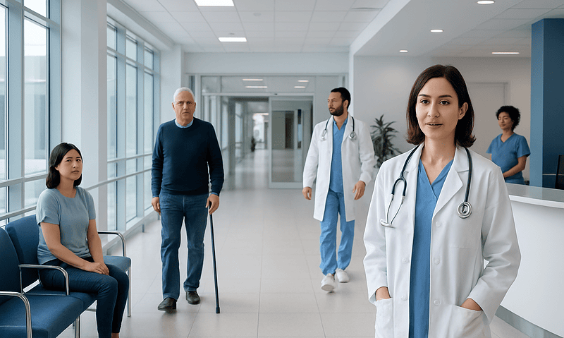 Medical team and patient in hospital corridor at Acibadem Hospitals Group.