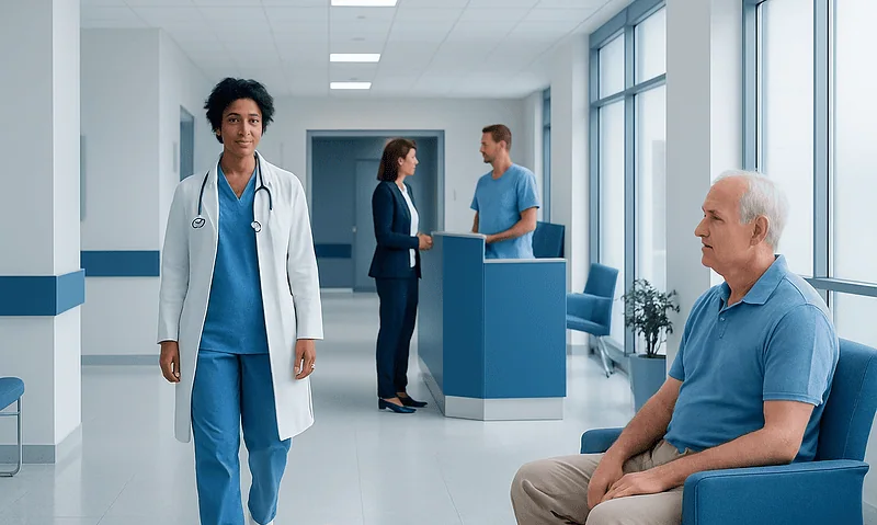 Medical staff and patient in a modern hospital corridor.