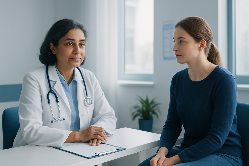 Doctor consulting with a patient in a modern medical office.