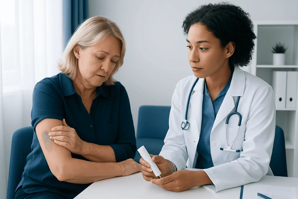 Doctor explaining medication to an elderly woman in a clinic setting.