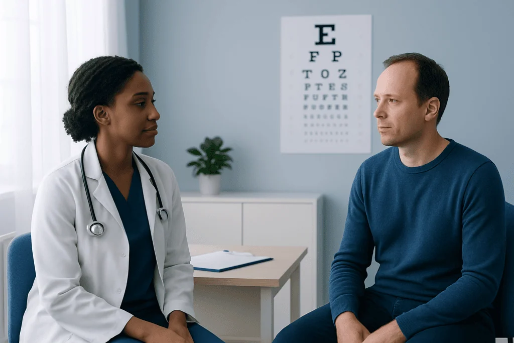 Doctor and patient during eye examination in clinic setting.