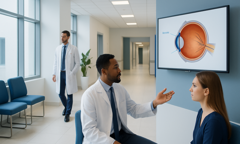 Medical professionals discussing eye anatomy in a hospital corridor.