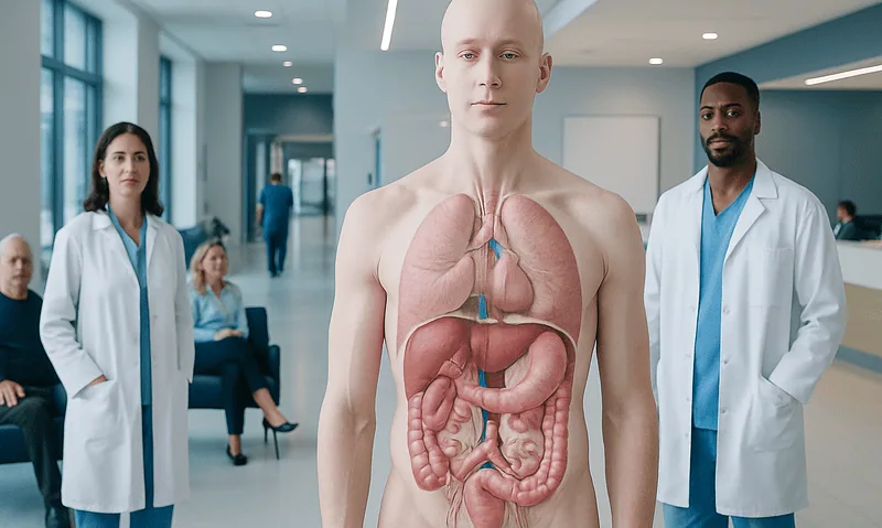 Medical illustration of human digestive system in hospital setting.