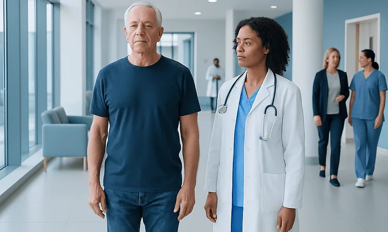 Senior man undergoing Romberg test with healthcare professional in hospital corridor.