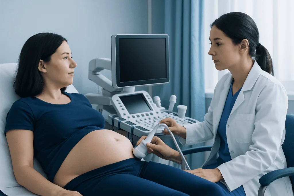 Pregnant woman undergoing ultrasound examination at hospital.