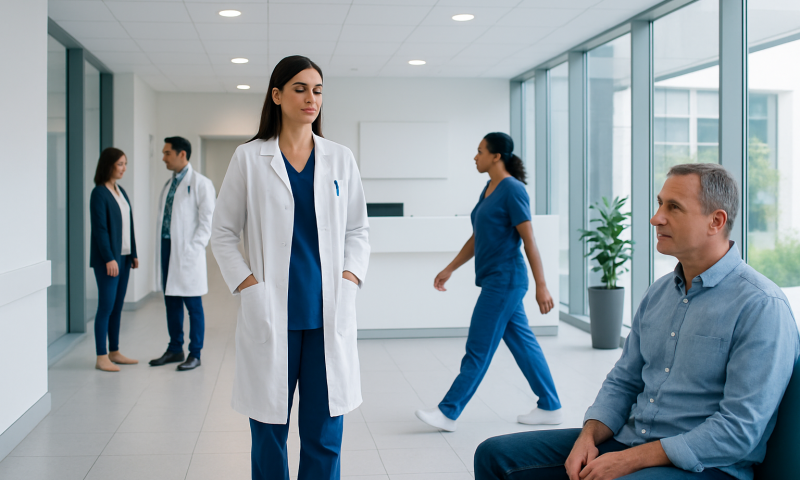 Medical consultation in a modern hospital with healthcare professionals and patient.