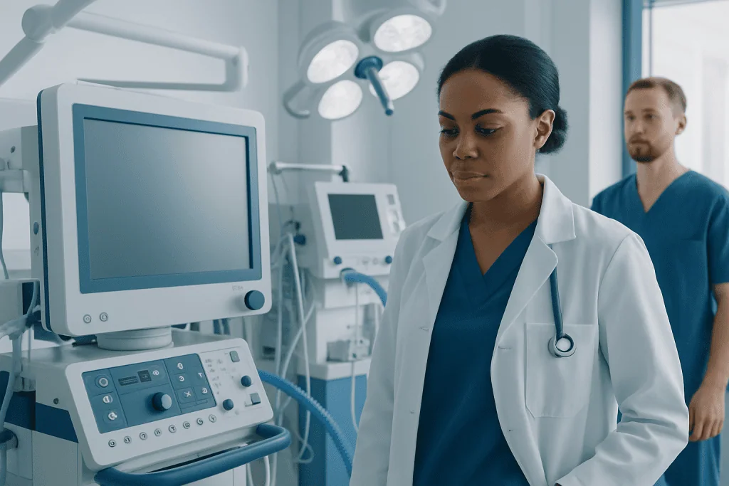 Medical professionals in a hospital setting with monitors and equipment.