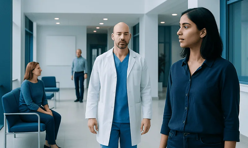 Medical professionals and patients in a hospital waiting area.