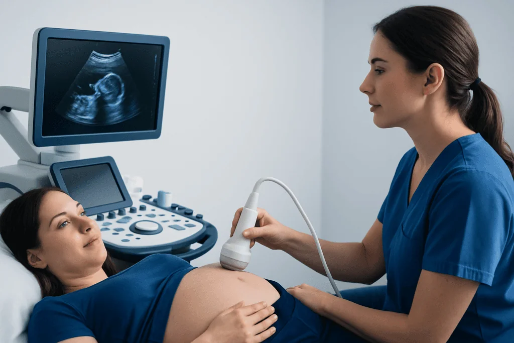 Medical professional performing an ultrasound on a pregnant woman in a hospital setting.