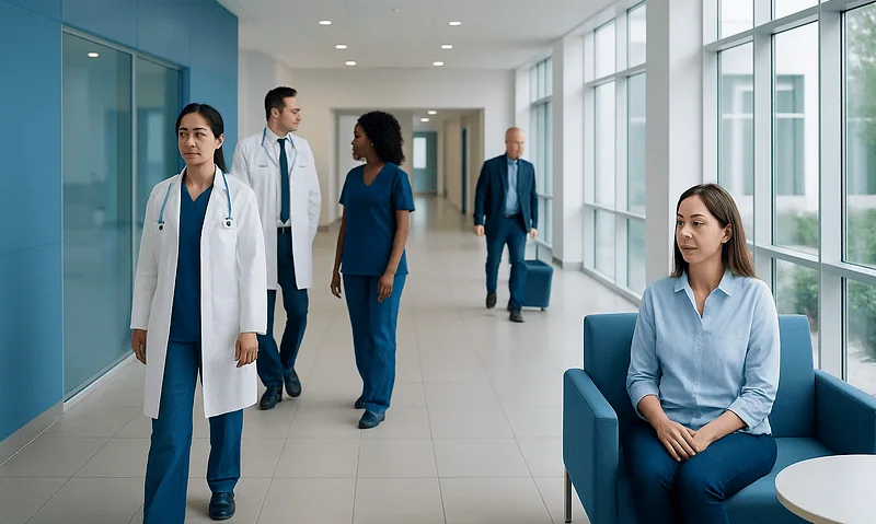Medical professionals and patient in a modern hospital corridor.
