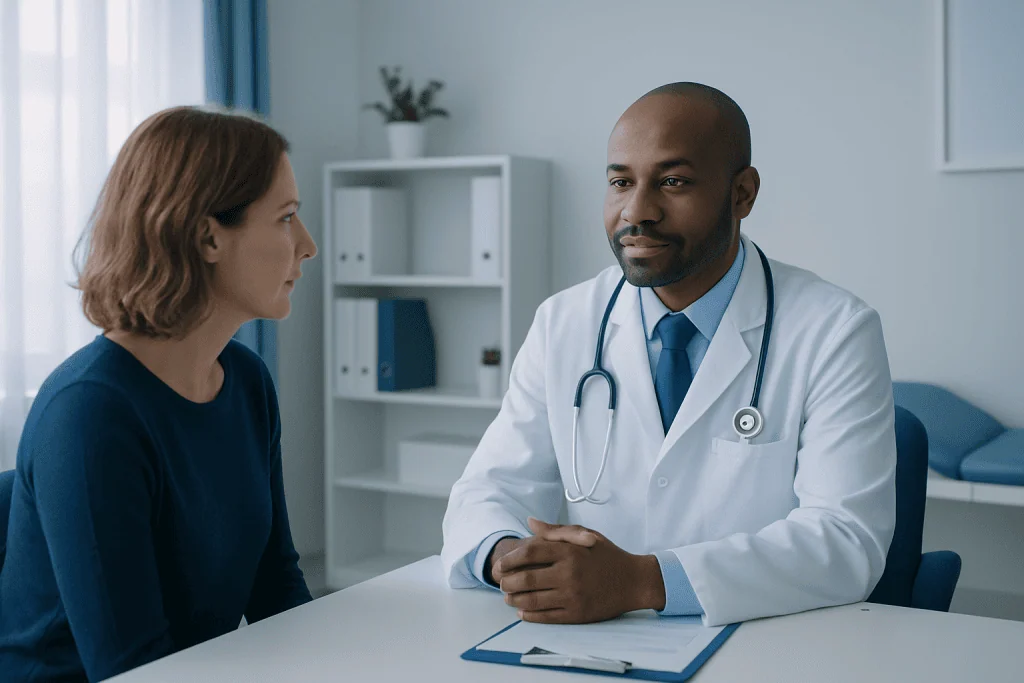 Doctor consulting with a female patient in a modern medical office.