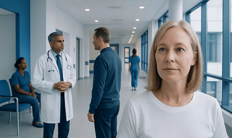 Medical professionals and patient in hospital corridor at Acibadem Hospitals Group.