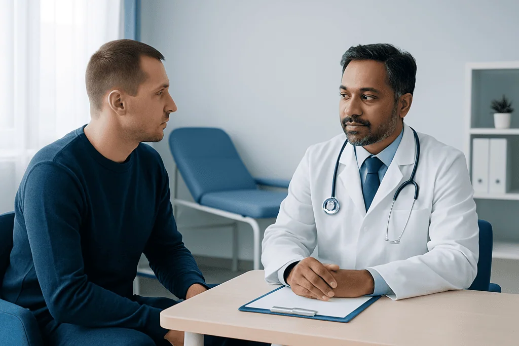 Doctor consulting with a patient in a modern medical office.
