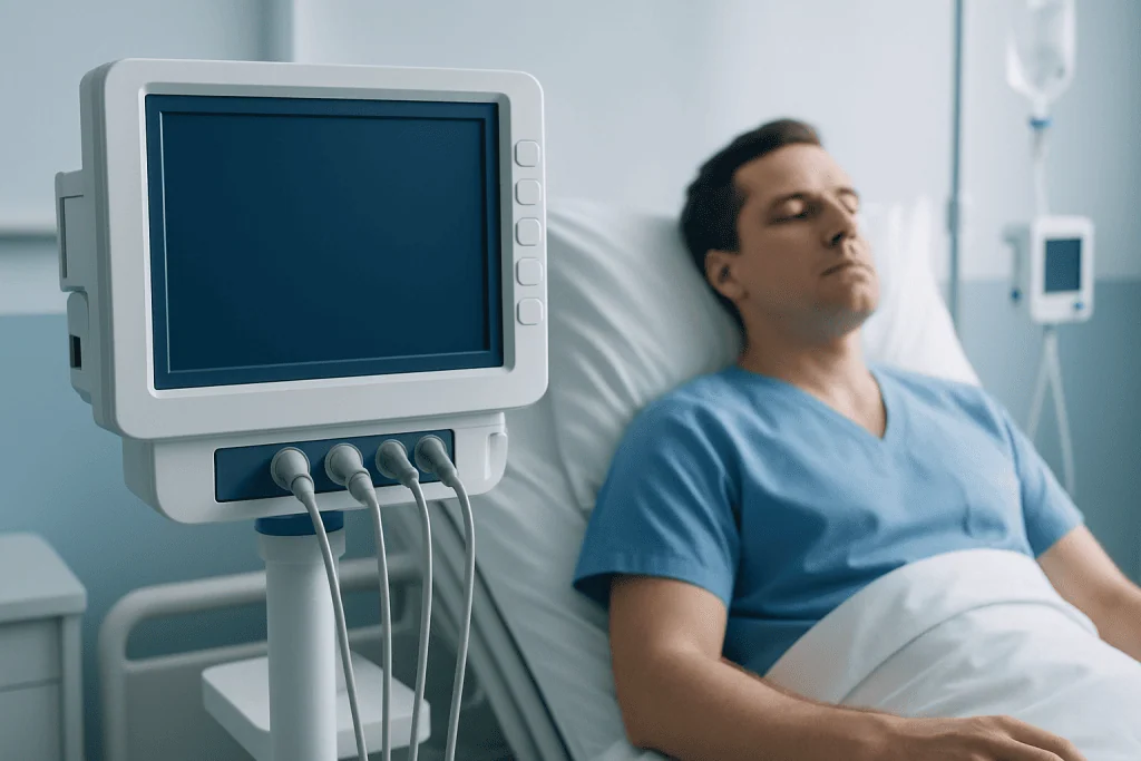 Patient resting in hospital bed with medical monitor nearby.