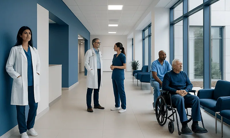 Hospital corridor with medical staff and elderly patients in wheelchairs.