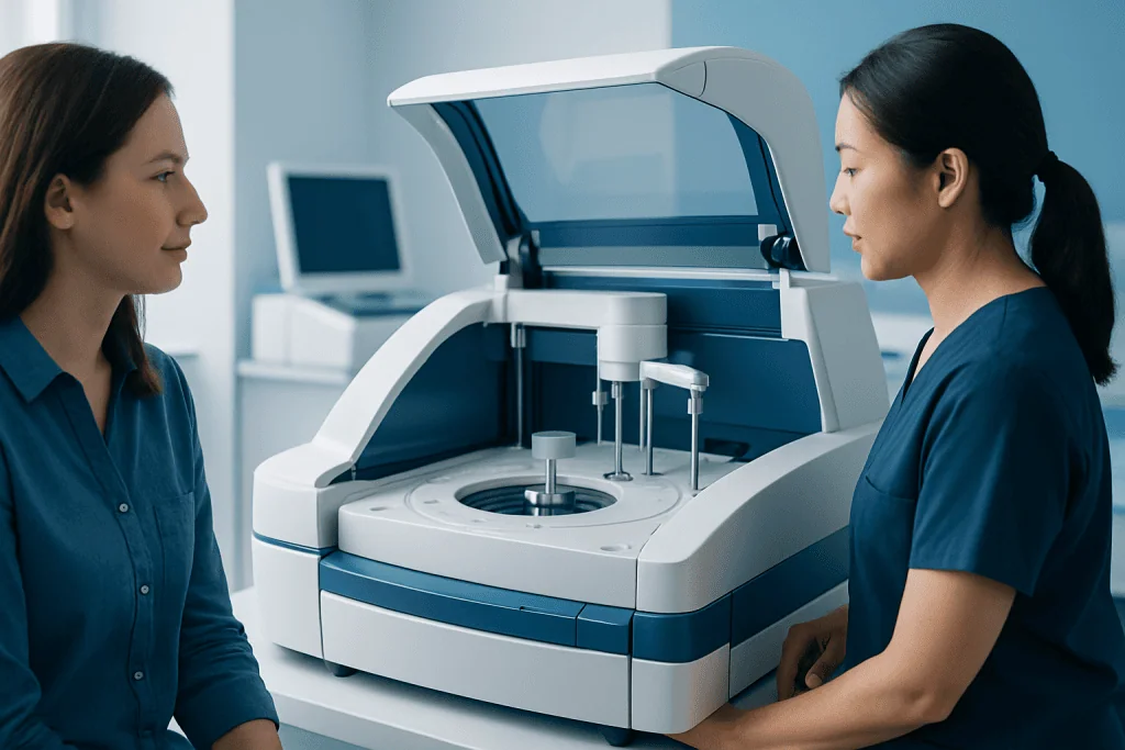 Laboratory technician operating a medical analyzer machine at Acibadem Hospitals.