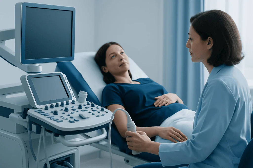 Doctor performs ultrasound examination on patient in hospital room.