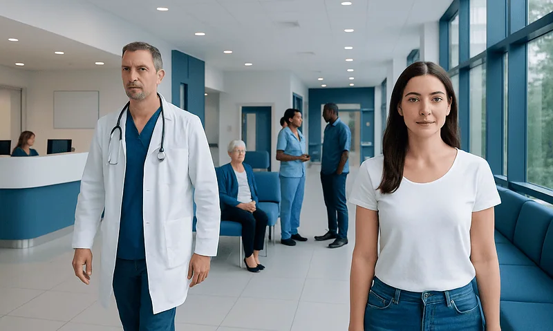 Medical professionals and patients in a modern hospital corridor.