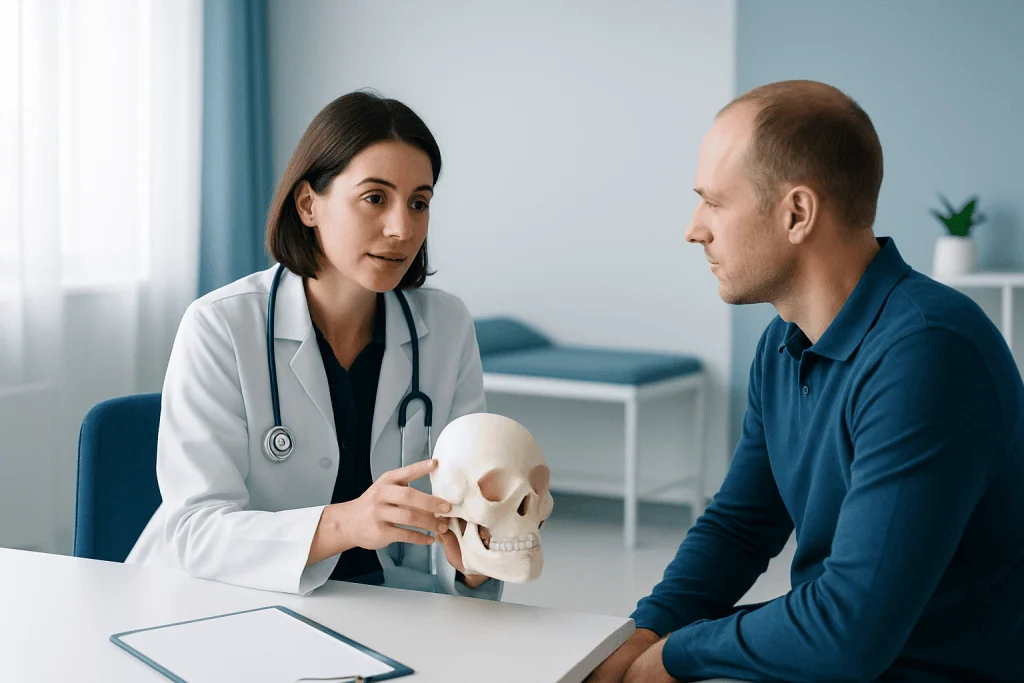 Doctor explaining skull anatomy to patient in a medical consultation.
