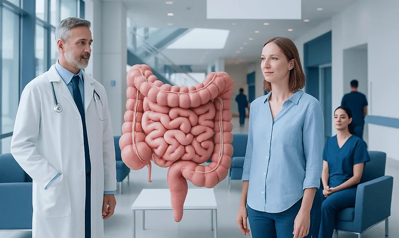 Doctor explaining small intestine model to a patient in a hospital setting.