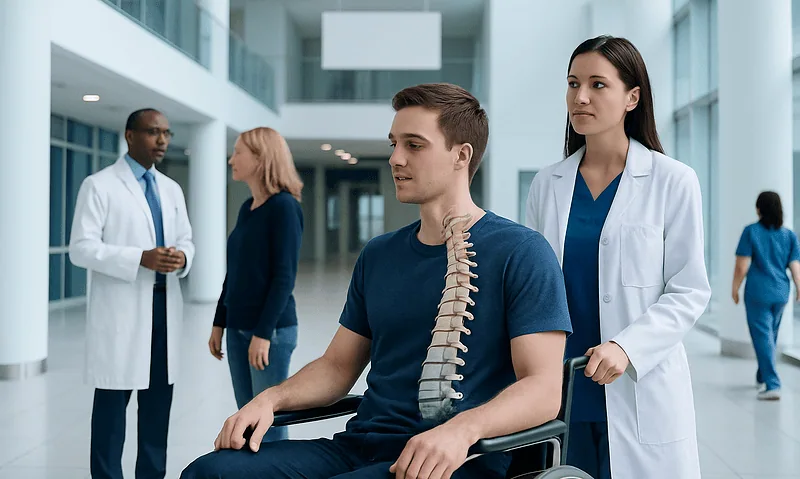 Medical team with spinal model in hospital corridor for spinal health awareness.