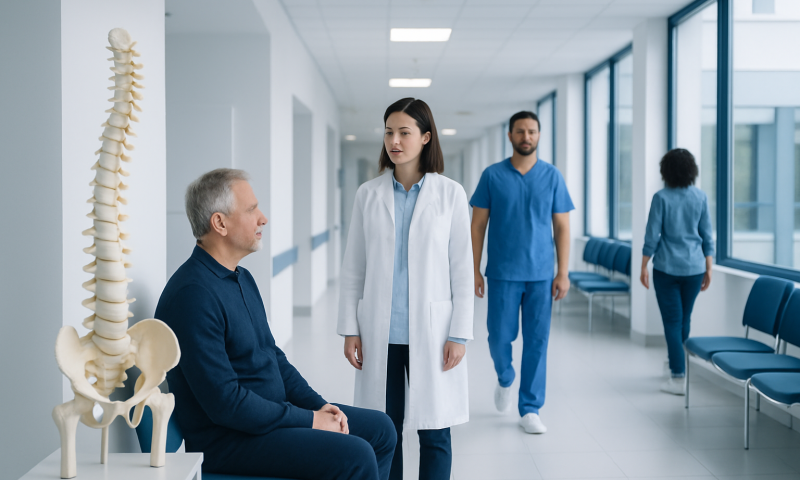 Doctor consulting with elderly patient in hospital corridor with spine model.