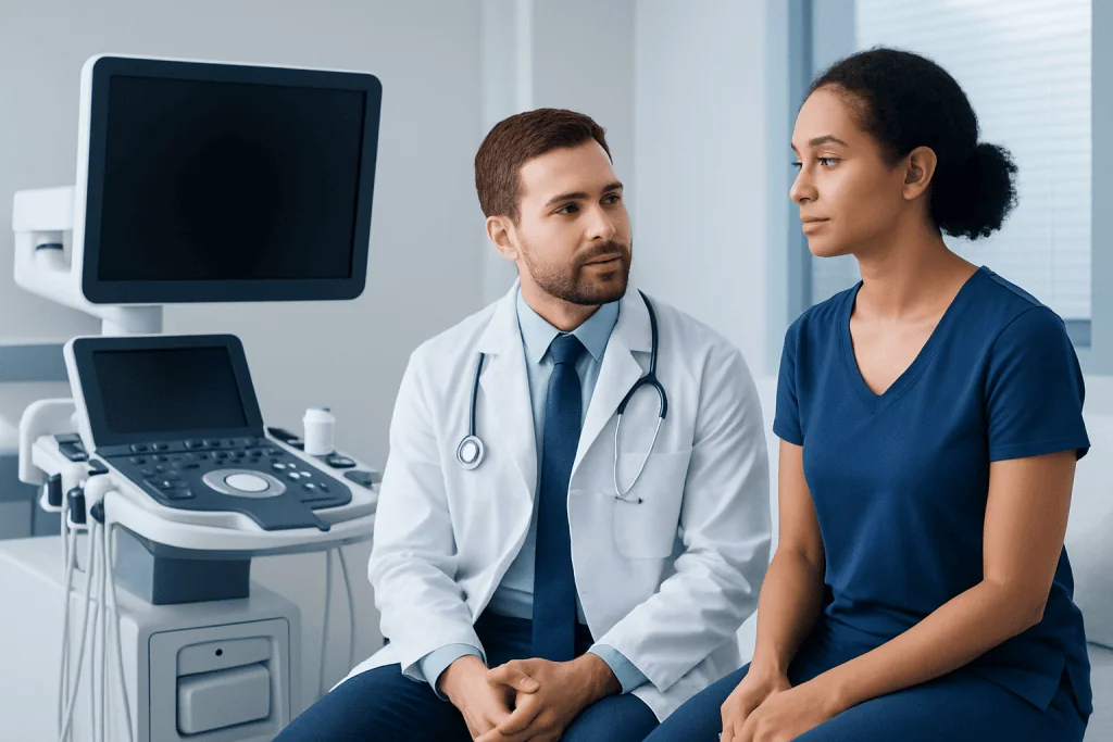 Doctor consulting with a patient in a medical examination room.
