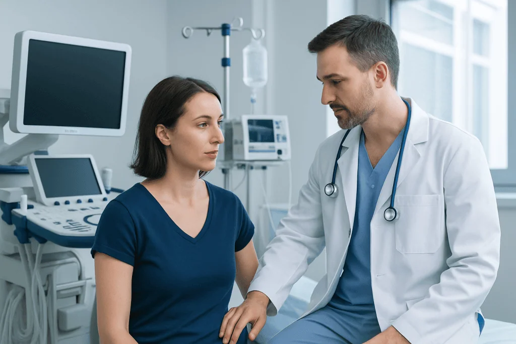 Doctor consulting with a female patient in a hospital room.