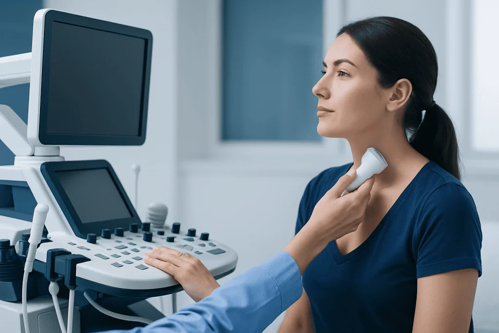 Medical professional performing an ultrasound on a woman in a clinical setting.