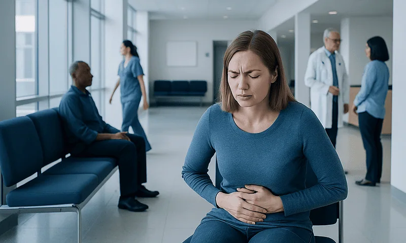 Young woman experiencing stomach pain in a hospital waiting area.