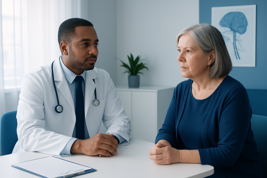 Doctor consulting with an elderly female patient in a medical office.