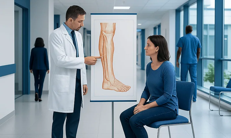 Doctor explaining sural nerve anatomy to patient in hospital corridor.