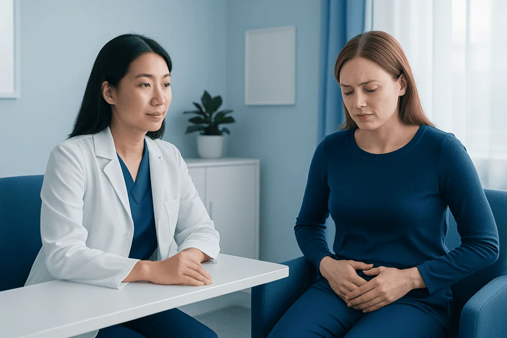 Doctor consulting with a patient about urinary health concerns.