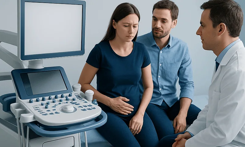 Woman undergoing ultrasound examination in a medical clinic.