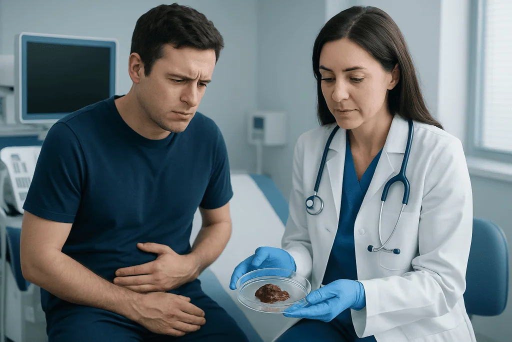 What the symptoms may look like — slimy bloody poop
