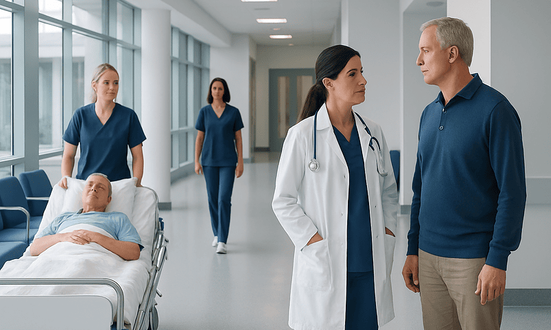 Hospital staff discussing patient care in a modern hospital corridor.