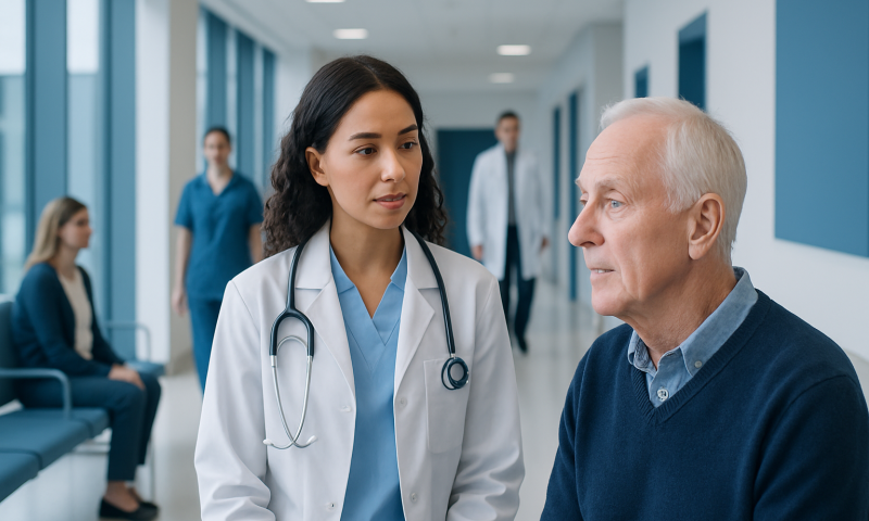 Doctor consulting elderly patient in hospital corridor.