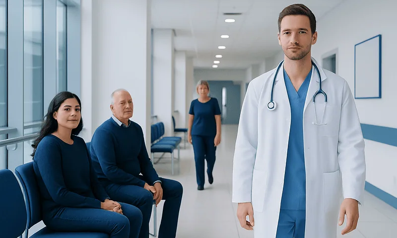 Medical professional with patients in a hospital corridor at Acibadem Hospitals Group.