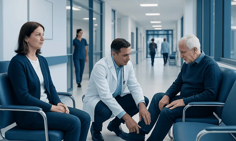 Doctor examining elderly patient's foot in hospital corridor.