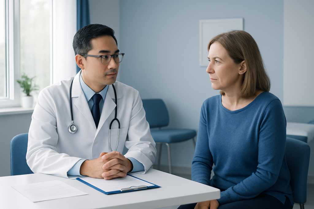 Doctor consulting with a female patient in a medical office.