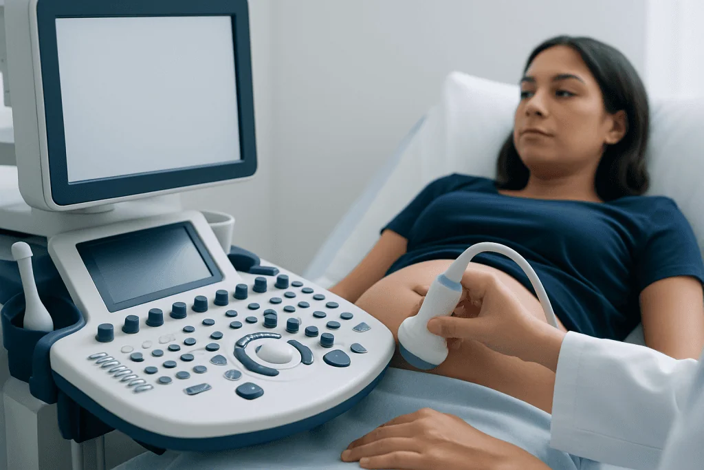 Pregnant woman undergoing ultrasound examination at hospital.