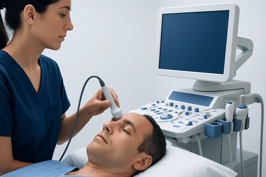 Medical professional performing transcranial Doppler ultrasound on patient.