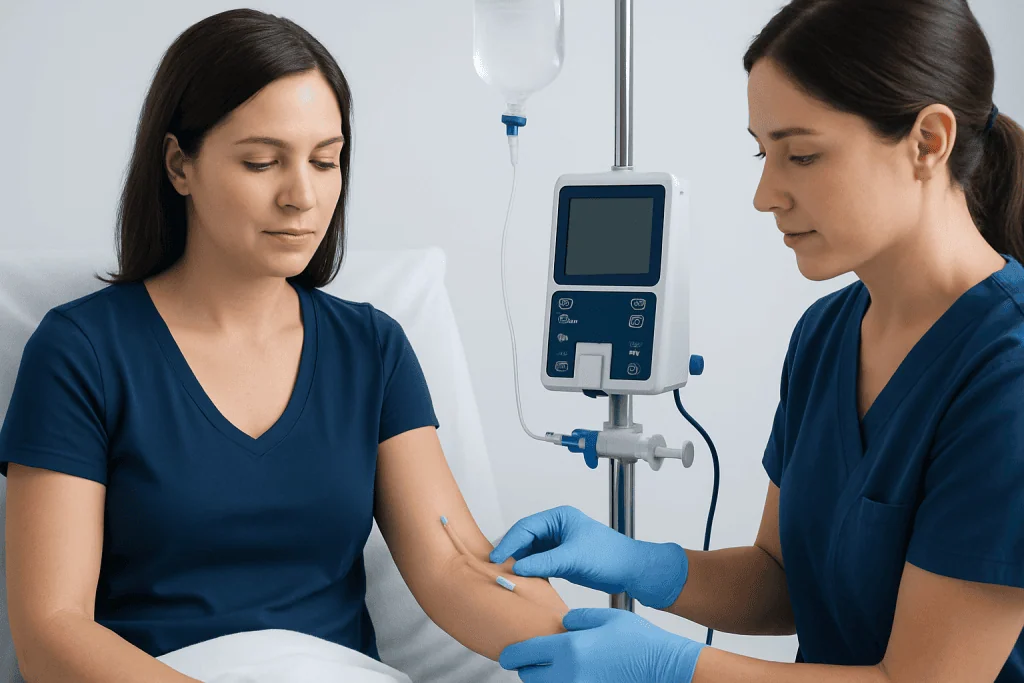 Medical professionals perform Tensilon test on a patient in a hospital setting.