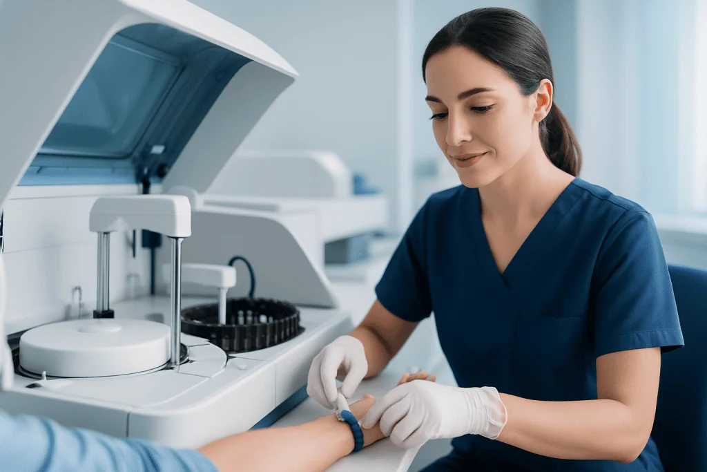 Laboratory technician performing T protein blood test in a clinical setting.